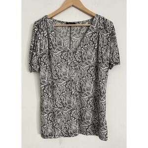 Anne Klein Blouse Top XL Gathered Sleeve Floral Black White Polyester Spandex